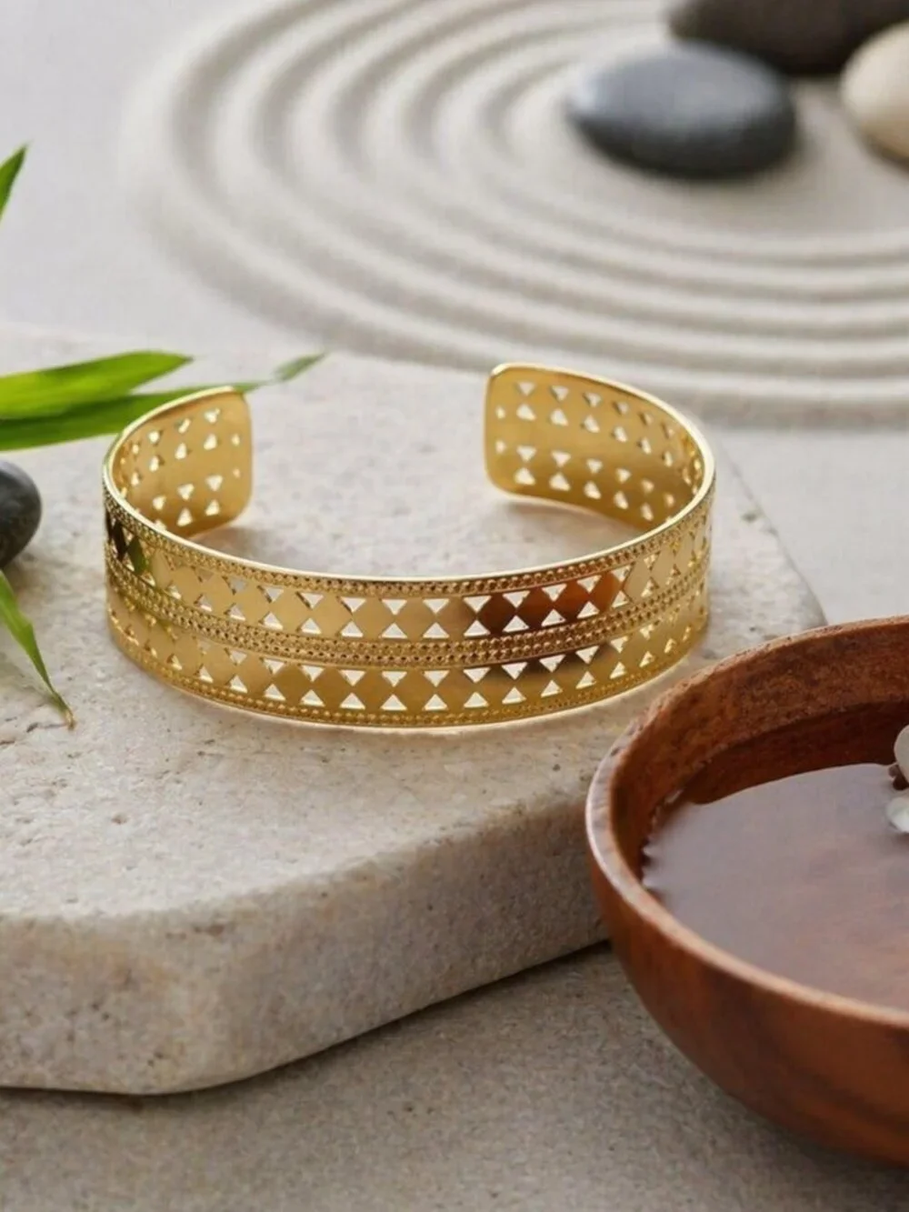 18K Gold Plated Stainless Steel Wide Geometric Cutout Cuff Bracelet Adjustable
